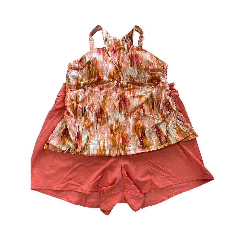 Denim and Co Beach Halter Printed Tankini with Shorts Size 18W Coral Ikat Resort